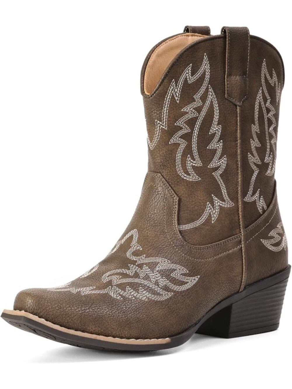 Women's Taupe Ankle Cowgirl Boots Mid Calf Snip Toe Chunky Heel Short Booties - Picture 4 of 5